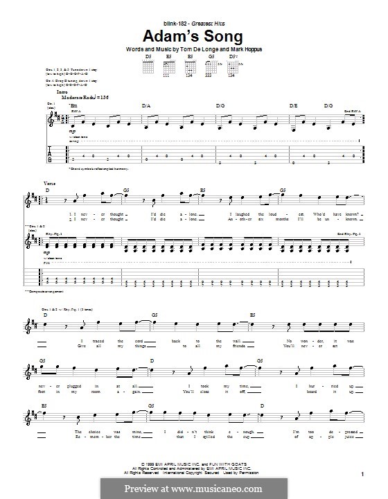 Adam's Song (Blink-182): Гитарная табулатура by Mark Hoppus, Tom DeLonge