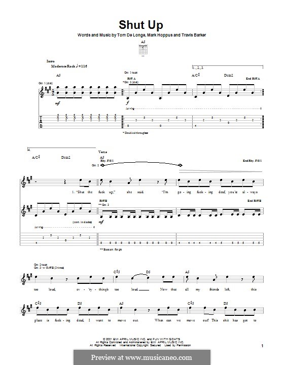 Shut Up (Blink-182): Гитарная табулатура by Mark Hoppus, Tom DeLonge, Travis Barker