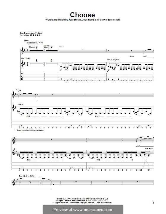 Choose (Stone Sour): Гитарная табулатура by Joel Ekman, Josh Rand, Shawn Economaki
