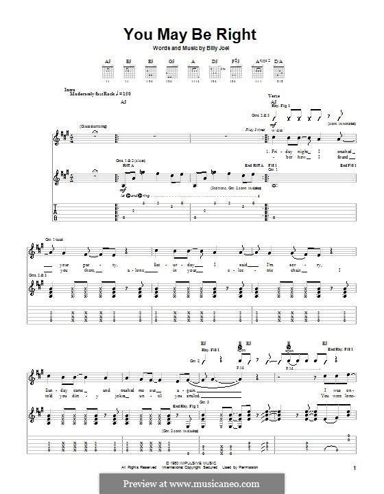 You May Be Right: Гитарная табулатура by Billy Joel