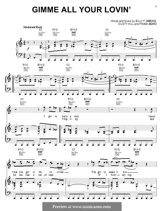 Gimme All Your Lovin' (ZZ Top): Для голоса и фортепиано (или гитары) by Billy F Gibbons, Dusty Hill, Frank Lee Beard