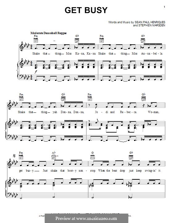 Get Busy (Sean Paul): Для голоса и фортепиано (или гитары) by Sean Paul Henriques, Stephen Marsden