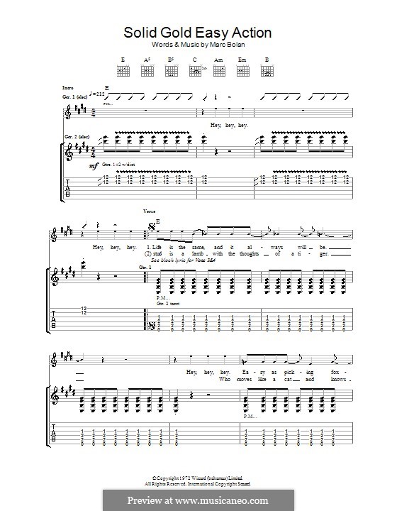 Solid Gold Easy Action (T Rex): Гитарная табулатура by Marc Bolan
