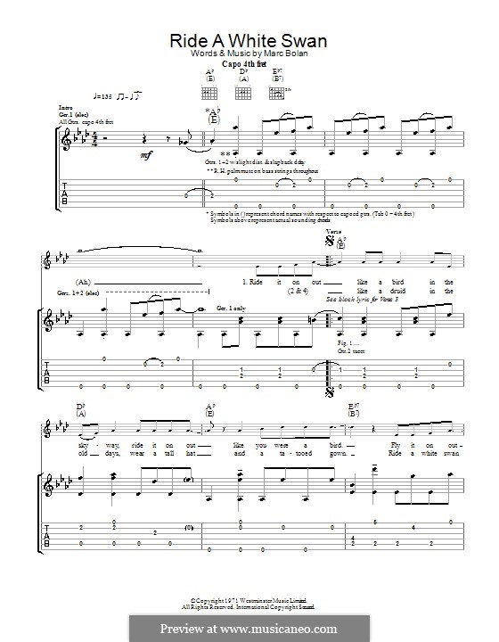 Ride a White Swan (T Rex): Гитарная табулатура by Marc Bolan