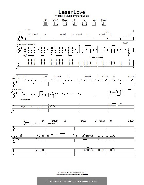 Laser Love (T Rex): Гитарная табулатура by Marc Bolan