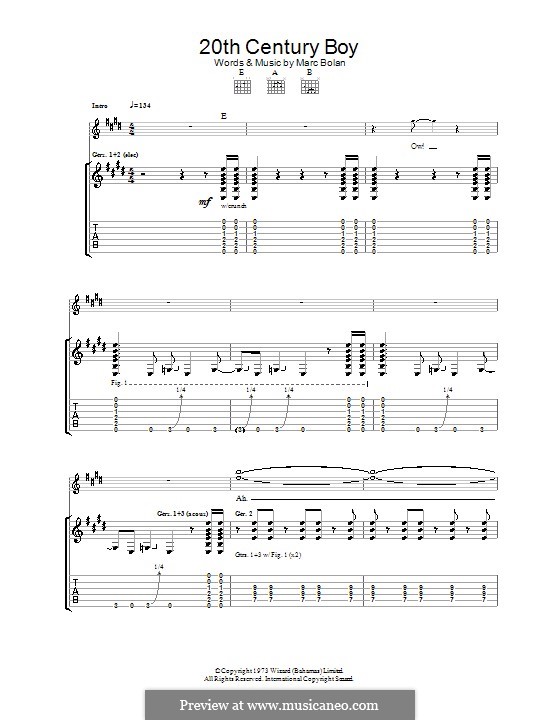 20th Century Boy (T Rex): Гитарная табулатура by Marc Bolan