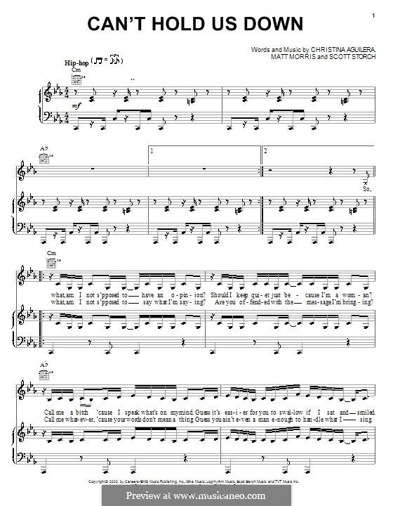 Can't Hold Us Down (Christina Aguilera): Для голоса и фортепиано (или гитары) by Gregory Prestopino, Matt Morris, Matthew Wilder, Scott Storch
