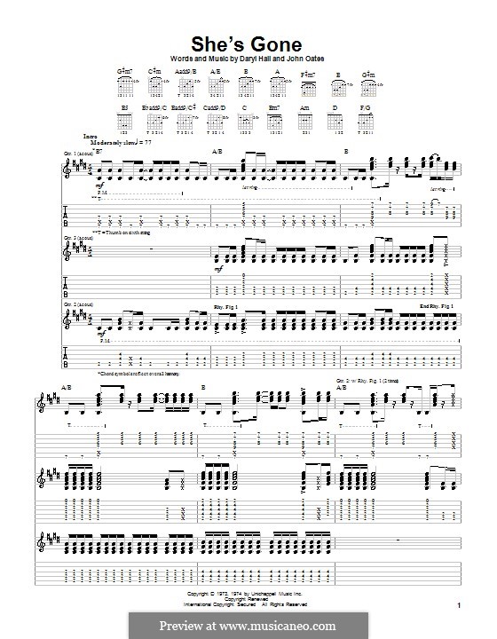 She's Gone: Гитарная табулатура by Daryl Hall, John Oates