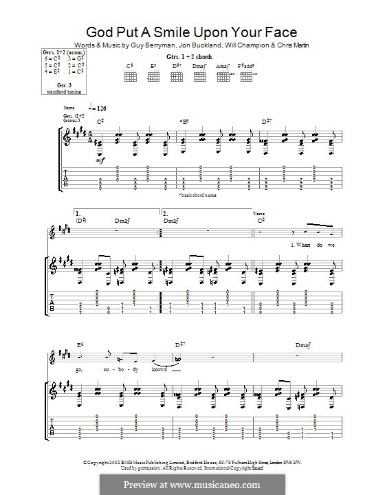 God Put a Smile upon Your Face (Coldplay): Гитарная табулатура by Chris Martin, Guy Berryman, Jonny Buckland, Will Champion