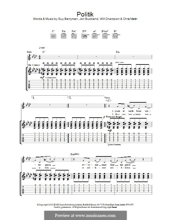 Politik (Coldplay): Гитарная табулатура by Chris Martin, Guy Berryman, Jonny Buckland, Will Champion