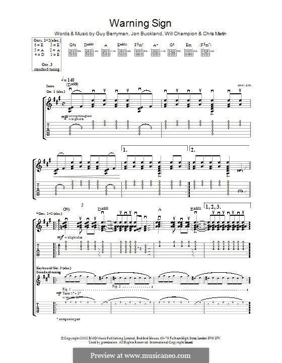 Warning Sign (Coldplay): Гитарная табулатура by Chris Martin, Guy Berryman, Jonny Buckland, Will Champion