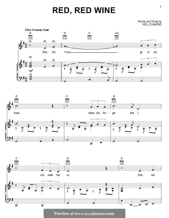 Red, Red Wine (UB40): Для голоса и фортепиано (или гитары) by Neil Diamond