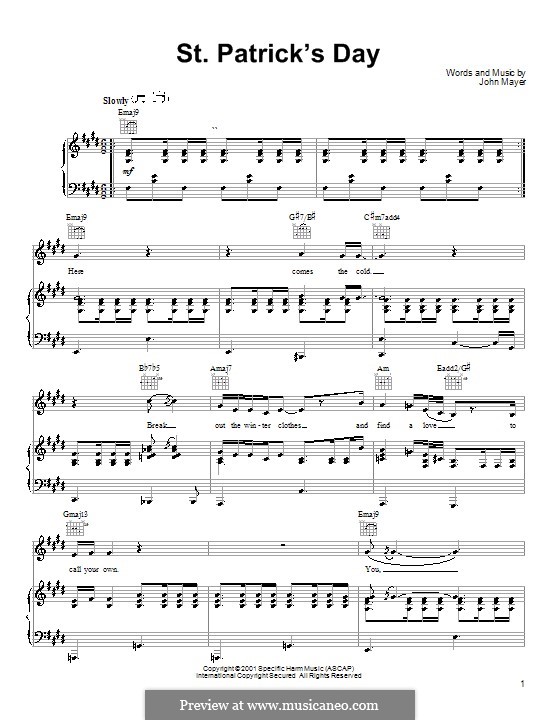 St. Patrick's Day: Для голоса и фортепиано (или гитары) by John Mayer