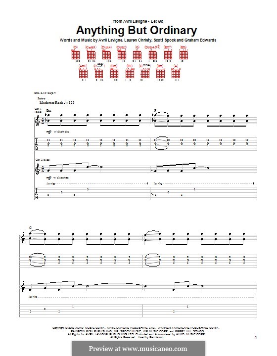 Anything But Ordinary: Гитарная табулатура by Avril Lavigne, Graham Edwards, Lauren Christy, Scott Spock