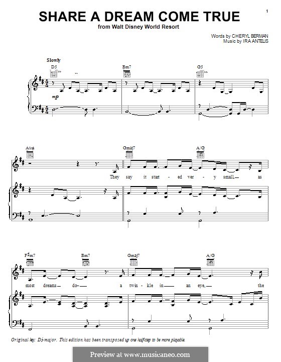 Share a Dream Come True (from Walt Disney World): Для голоса и фортепиано или гитары (Cheryl Berman) by Ira Antelis