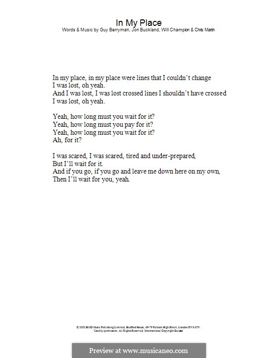 In My Place (Coldplay): Только текст by Chris Martin, Guy Berryman, Jonny Buckland, Will Champion