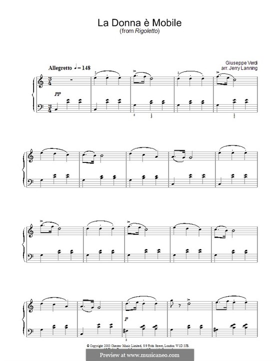 La donna è mobile (Over the Summer Sea) printable scores: Для фортепиано (ноты высокого качества) by Джузеппе Верди