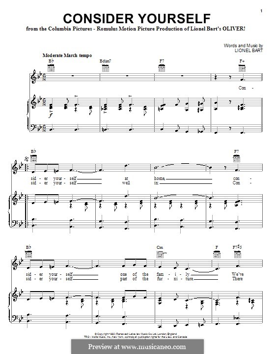Consider Yourself (from Oliver!): Для голоса и фортепиано или гитары (си бемоль мажор) by Lionel Bart