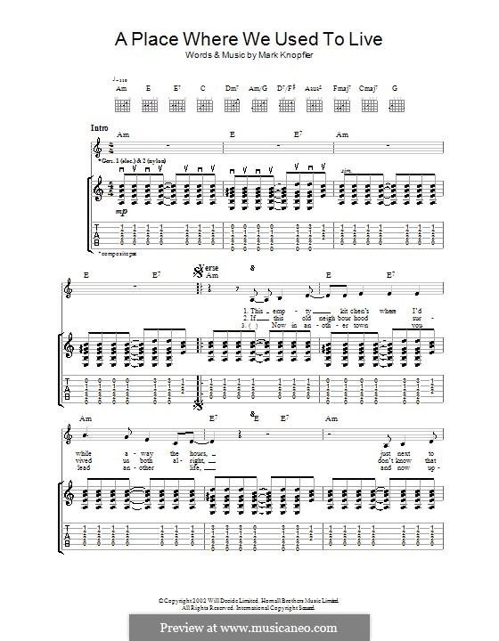 A Place Where We Used to Live: Гитарная табулатура by Mark Knopfler