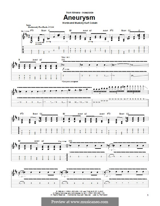 Aneurysm (Nirvana): Гитарная табулатура by Kurt Cobain