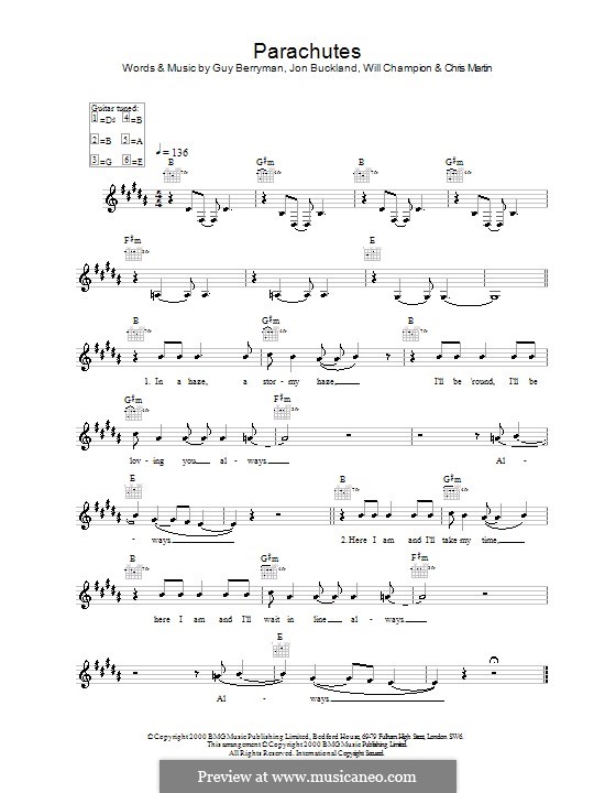Parachutes (Coldplay): Мелодия, текст и аккорды by Guy Berryman, Jonny Buckland, Will Champion