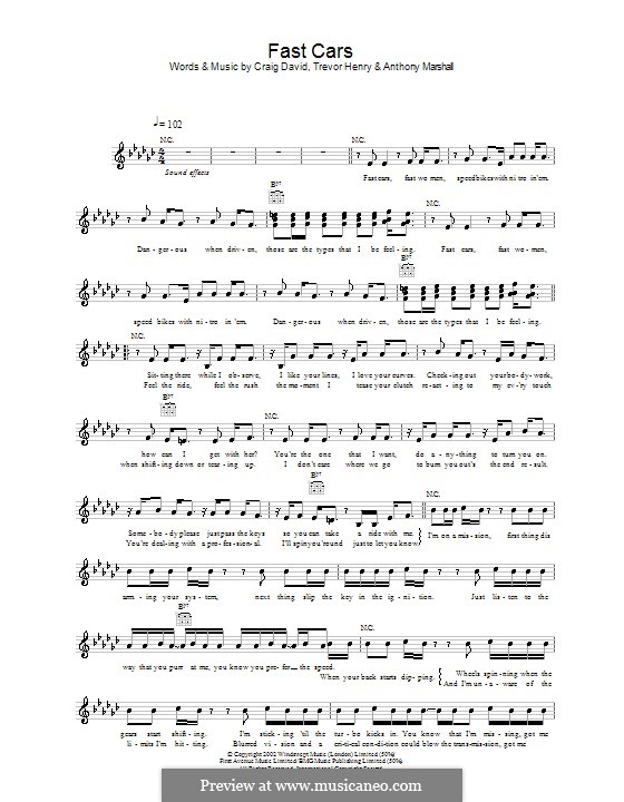 Fast Cars (Craig David): Мелодия, текст и аккорды by Anthony Marshall, Trevor Henry