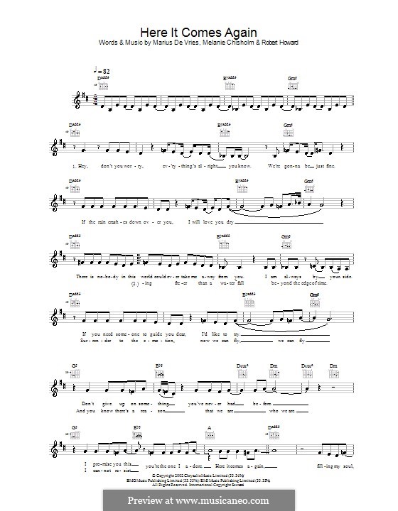 Here It Comes Again (Melanie C): Мелодия, текст и аккорды by Marius De Vries, Robert Howard