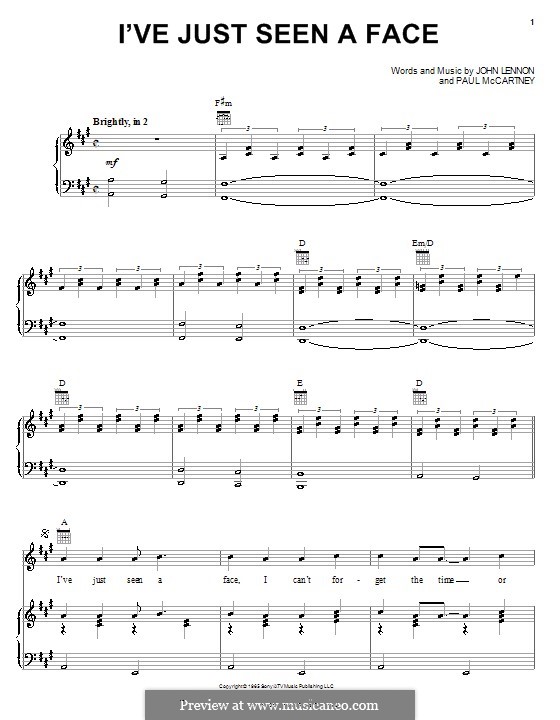 I've Just Seen a Face (The Beatles): Для голоса и фортепиано (или гитары) by John Lennon, Paul McCartney