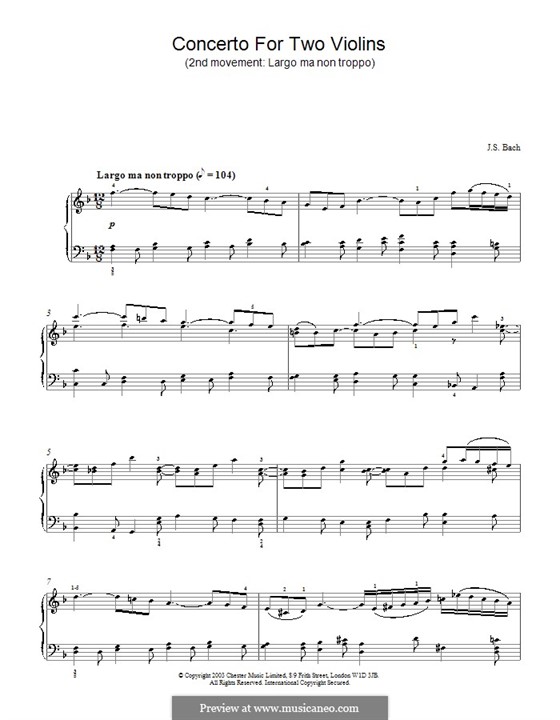 Двойной концерт для двух скрипок, струнных и бассо континуо ре минор, BWV 1043: Часть II. Версия для фортепиано by Иоганн Себастьян Бах