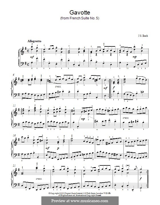 Сюита No.5 соль мажор, BWV 816: Гавот, для фортепиано by Иоганн Себастьян Бах