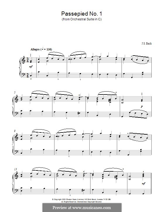 Сюита для оркестра No.1 до мажор, BWV 1066: Passepied No.1, for piano by Иоганн Себастьян Бах