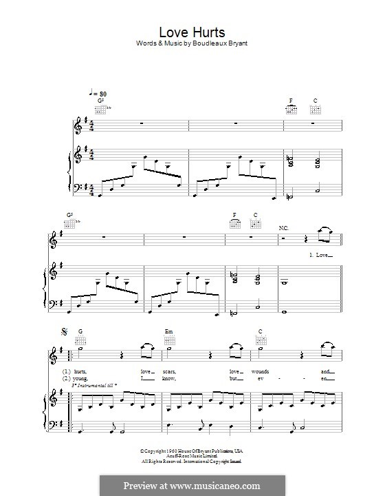 Love Hurts (The Everly Brothers): Для голоса и фортепиано (или гитары) by Boudleaux Bryant