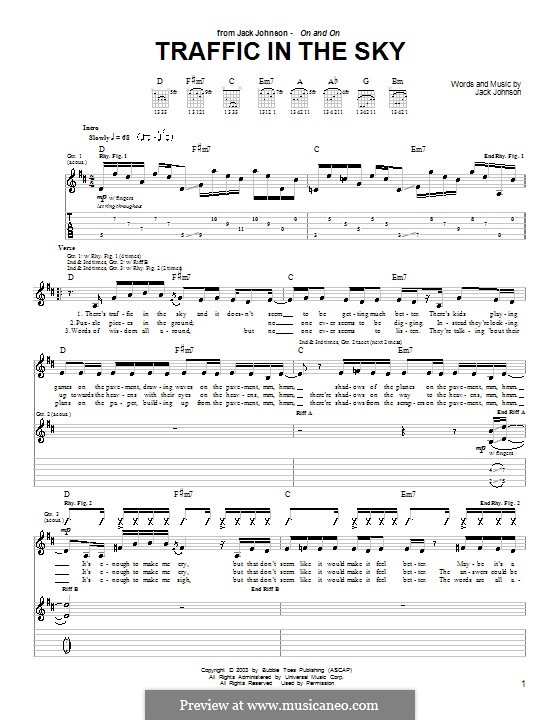 Traffic in the Sky: Гитарная табулатура by Jack Johnson
