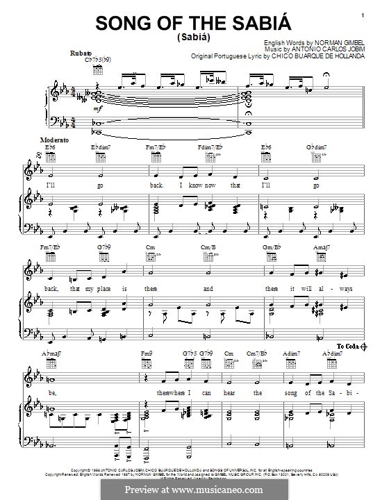 Song of the Sabiá (Sabiá): Для голоса и фортепиано (или гитары) by Antonio Carlos Jobim