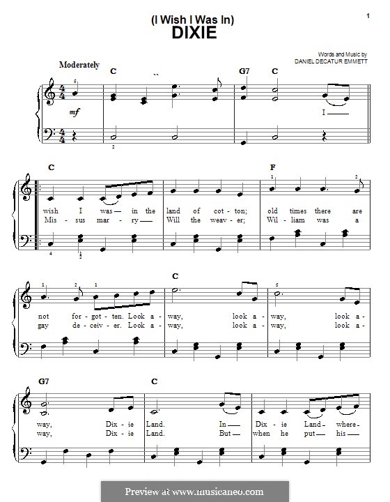 Dixie: Для фортепиано (легкий уровень) by Daniel Decatur Emmett