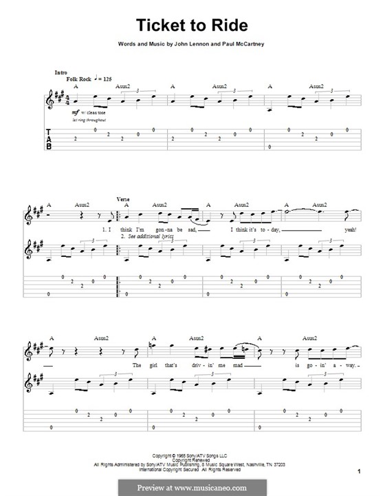 Ticket to Ride (The Beatles): Гитарная табулатура (ноты высокого качества) by John Lennon, Paul McCartney