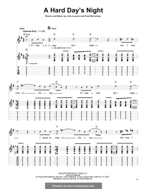A Hard Day's Night (The Beatles): Гитарная табулатура by John Lennon, Paul McCartney
