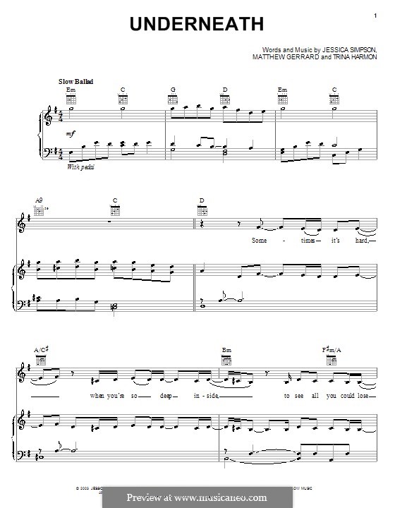 Underneath (Jessica Simpson): Для голоса и фортепиано (или гитары) by Matthew Gerrard, Trina Harmon