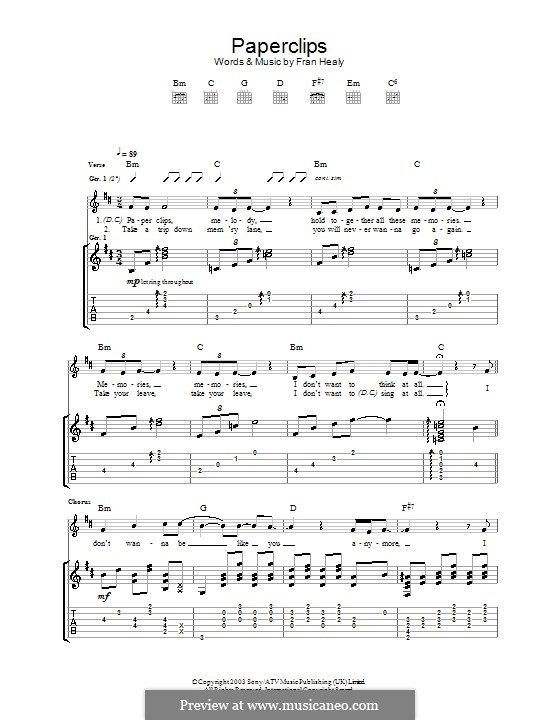 Paperclips (Travis): Гитарная табулатура by Fran Healy