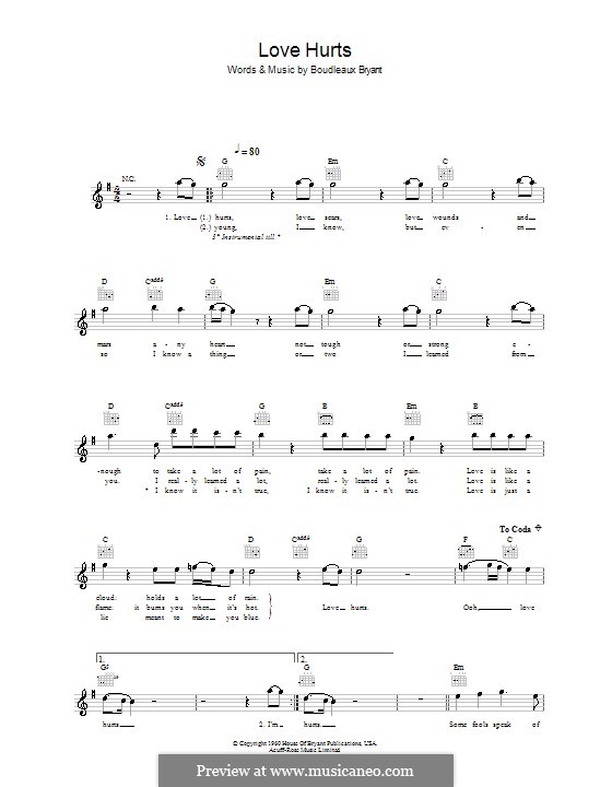 Love Hurts (The Everly Brothers): Мелодия, текст и аккорды by Boudleaux Bryant