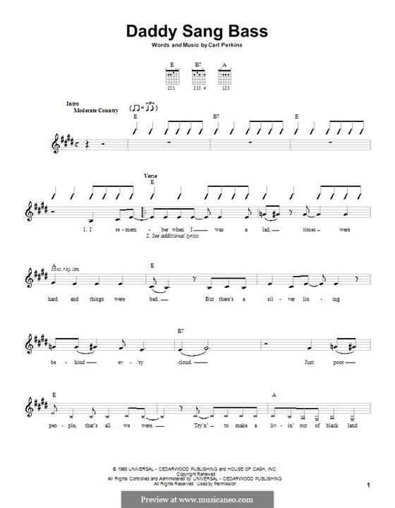 Daddy Sang Bass (Johnny Cash): Гитарная табулатура by Carl Lee Perkins